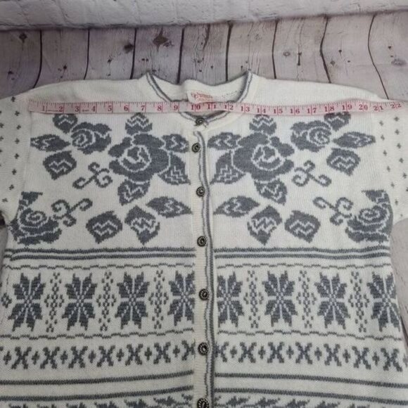 Vintage 70s Fair Isle White Nordic Knit Cardigan Sweater Rose Snowflake - Picture 12 of 15